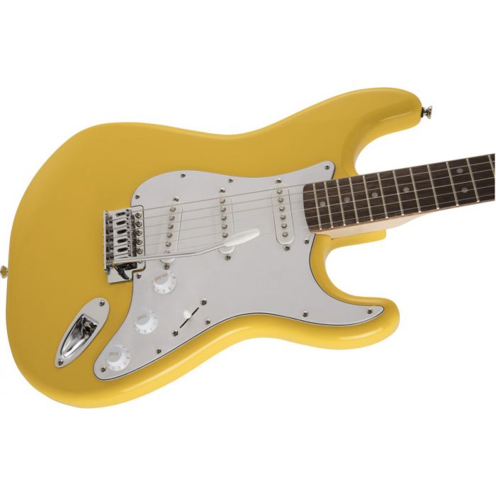 Detailed view of the body on a Squier Affinity Series Stratocaster Graffiti Yellow