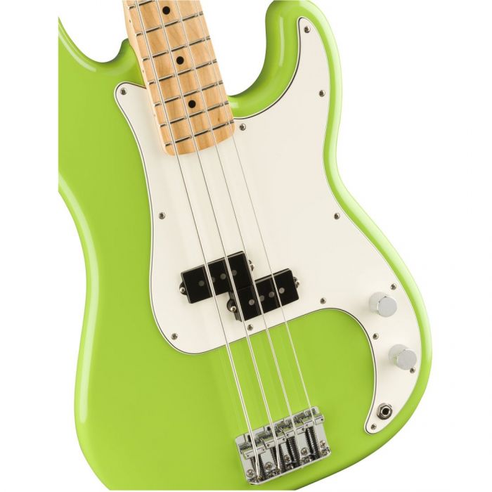 Closeup of the body on a Fender Limited Edition Player Precision Bass Electron Green