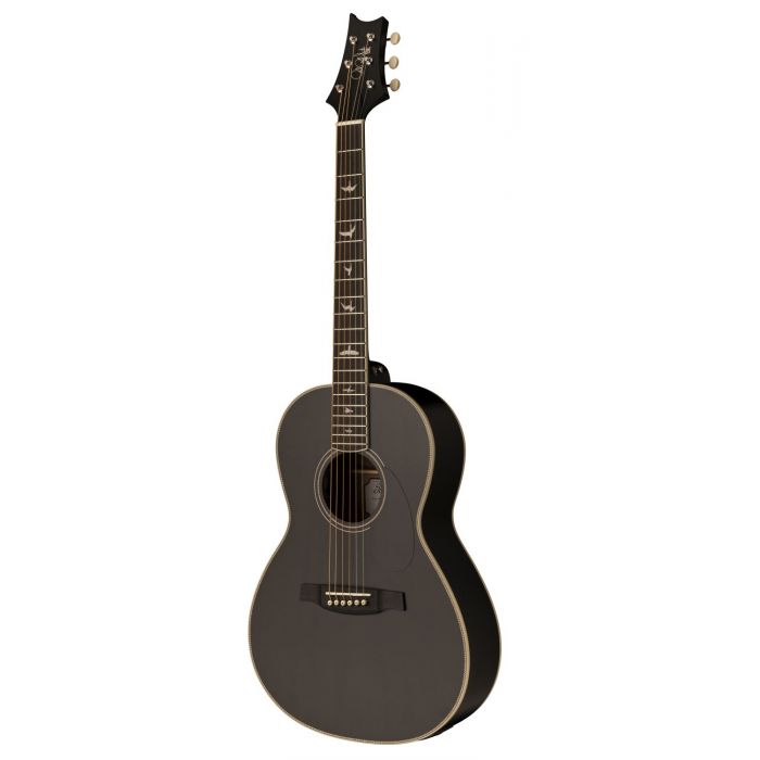 Front right-angled view of a PRS SE PE20 Parlor Tonare Acoustic, Satin Charcoal