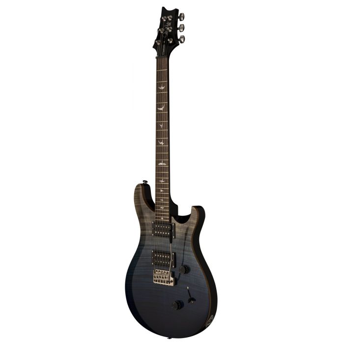 Front right angled view of a PRS Ltd Edition SE Custom 24, Charcoal Blue Fade Flame guitar