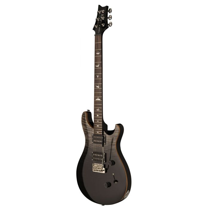 Front right angled view of a PRS Ltd Edition SE Custom 24, Charcoal Fade Flame guitar