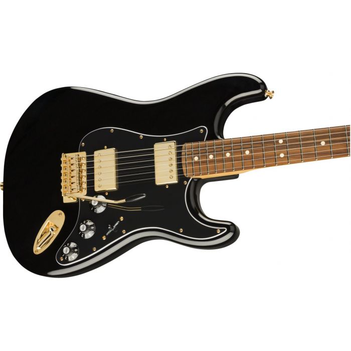 Closeup of the body on a black Fender Ltd Edition Mahogany Blacktop Stratocaster