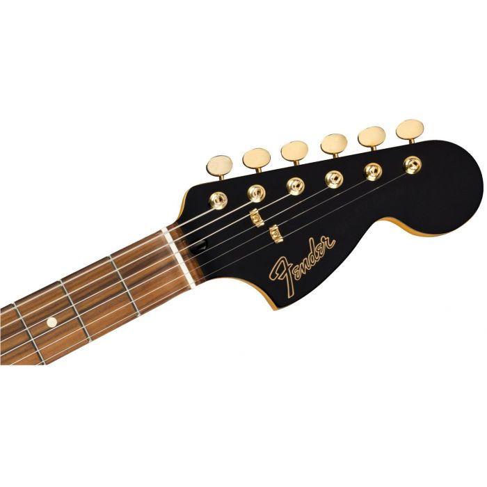 Front view of the headstock on a Fender Ltd Edition Mahogany Blacktop Stratocaster