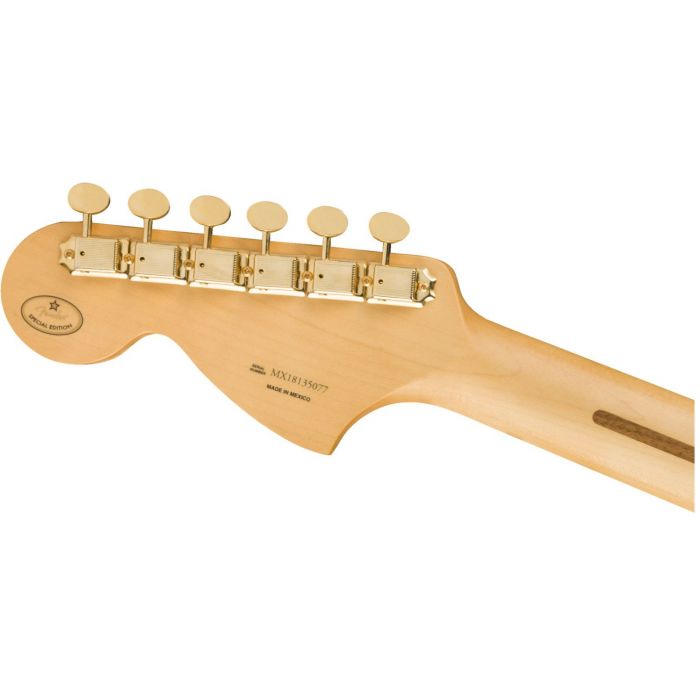 Closeup of the tuning machines on a Fender Limited Edition Mahogany Blacktop Strat 3H, Olympic White