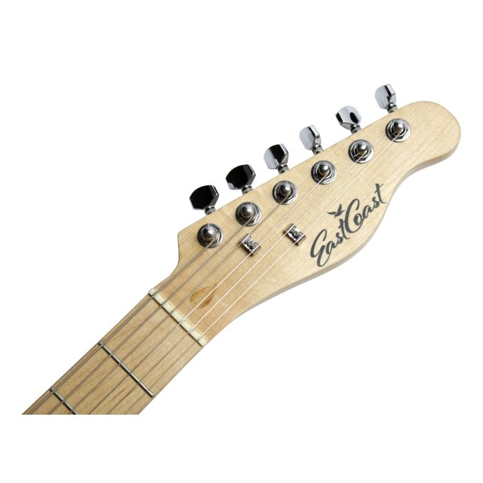 Closeup of the headstock on an Eastcoast GT100 Electric Guitar, Black