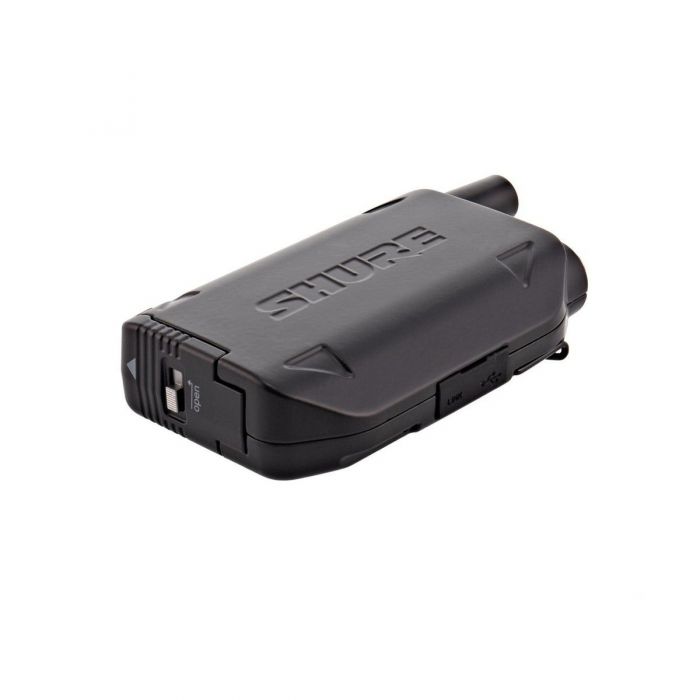 Front angled view of a Shure GLXD1 Digital Wireless Bodypack Transmitter