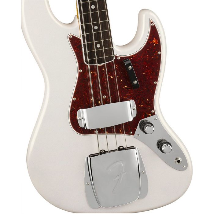 Closeup of the body on a Fender 60th Anniversary Jazz Bass, Arctic Pearl