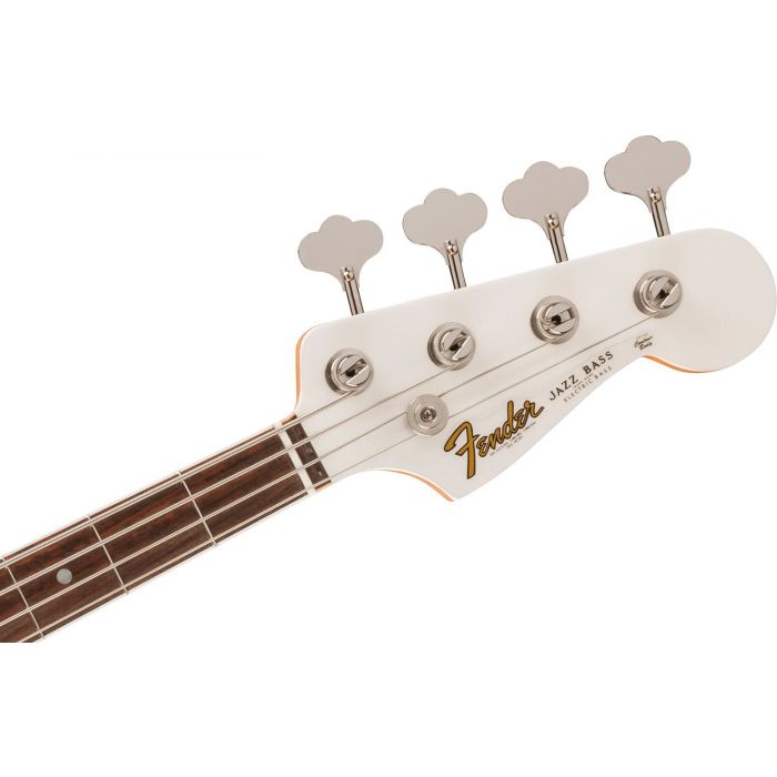 Front view of the headstock on a Fender 60th Anniversary Jazz Bass, Arctic Pearl