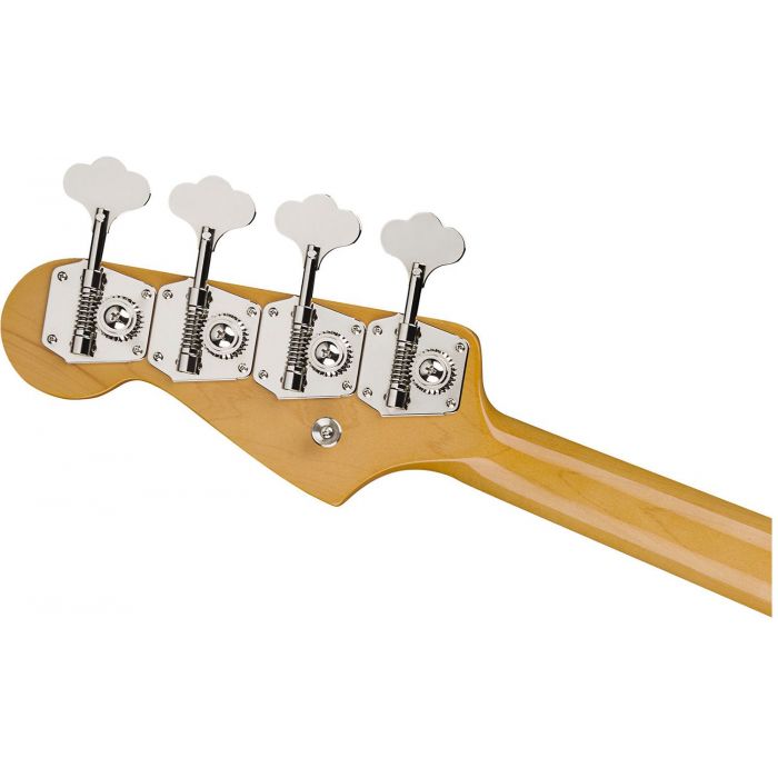 Closeup of the tuning machines on a Fender 60th Anniversary Jazz Bass, Arctic Pearl