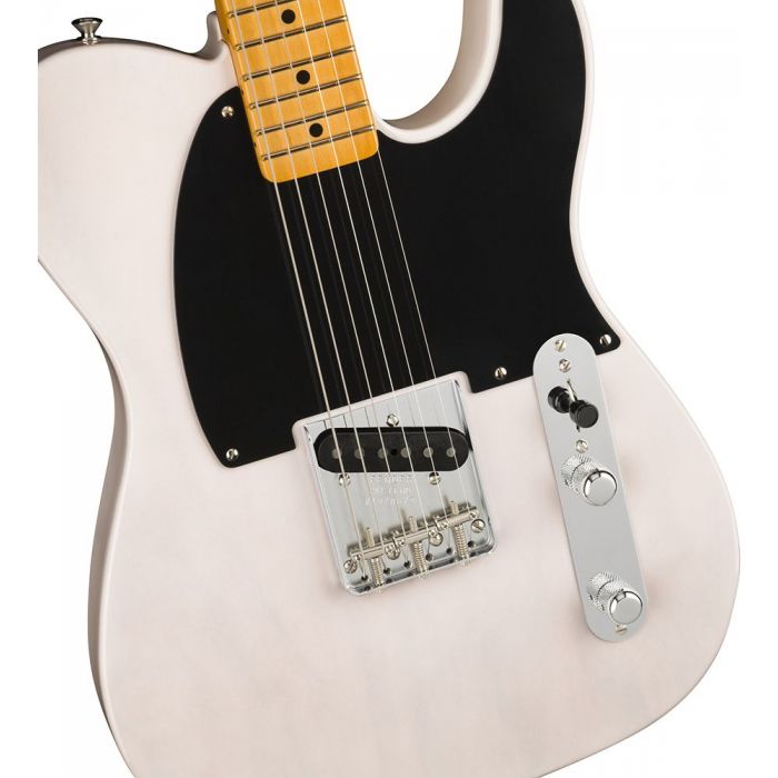 Closeup of the body on a Fender 70th Anniversary Esquire, White Blonde