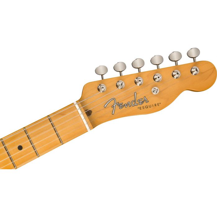 Front view of the headstock on a Fender 70th Anniversary Esquire, White Blonde