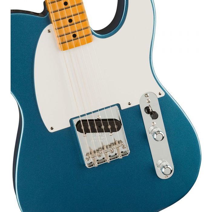 Closeup of the body on a Fender 70th Anniversary Esquire, Lake Placid Blue