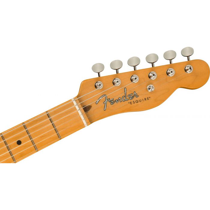 Front view of the headstock on a Fender 70th Anniversary Esquire, Lake Placid Blue