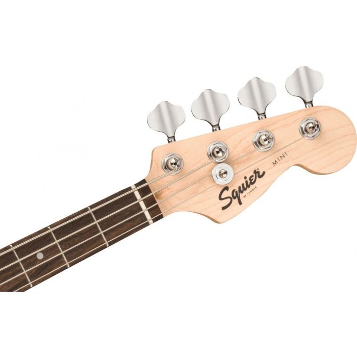 Front view of the headstock on a Squier Mini Precision Bass, Black