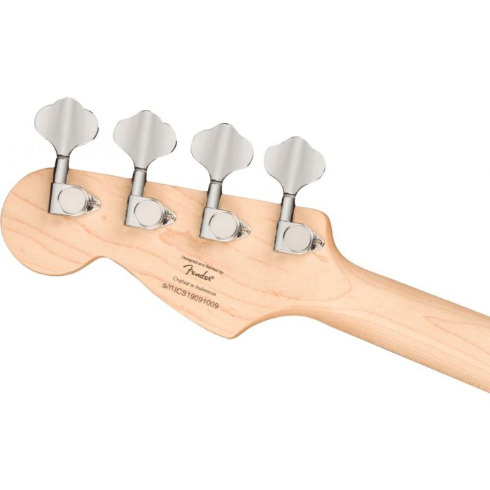 Closeup of the tuning machines on a Squier Mini Precision Bass, Black