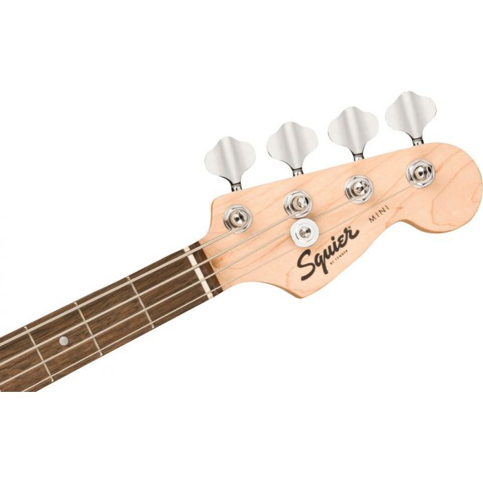 Front view of the headstock on a Squier Mini Precision Bass, Dakota Red