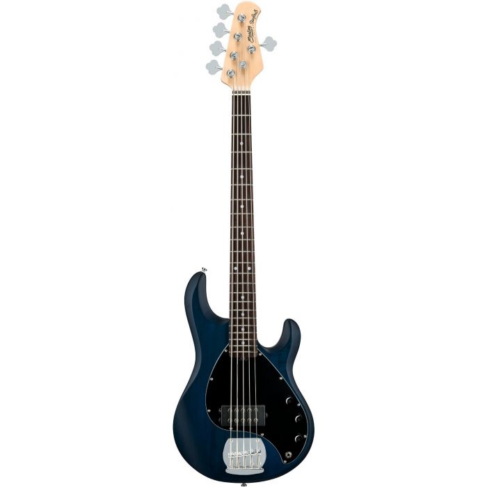 Full frontal view of a Sterling by Music Man S.U.B Ray5 5-string Bass Trans Blue
