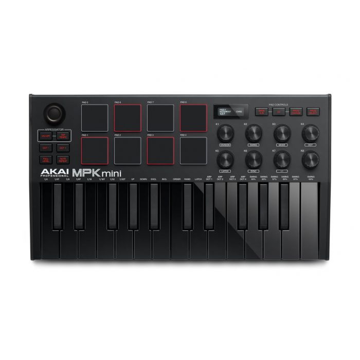 Top-down view of an Akai MPK Mini 3 Black MIDI Keyboard