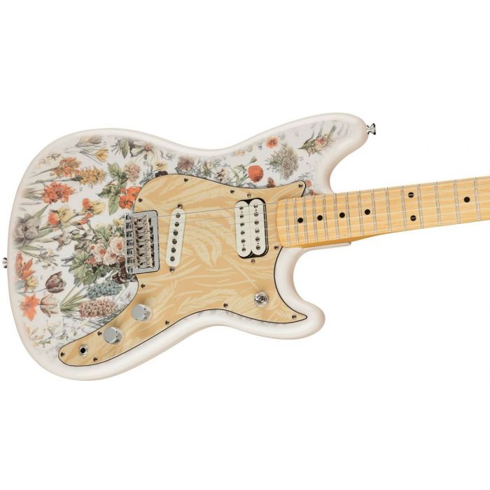 Front angled view of a Fender Shawn Mendes Signature Musicmaster Floral