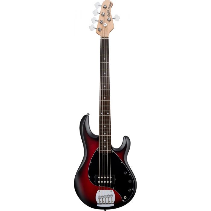 Full frontal view of a Sterling by MusicMan StingRay Ray5 Ruby Red Satin