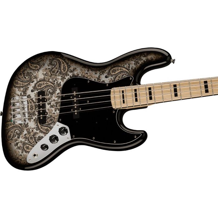 Closeup of the body on a Fender FSR Made in Japan Jazz Bass Black Paisley