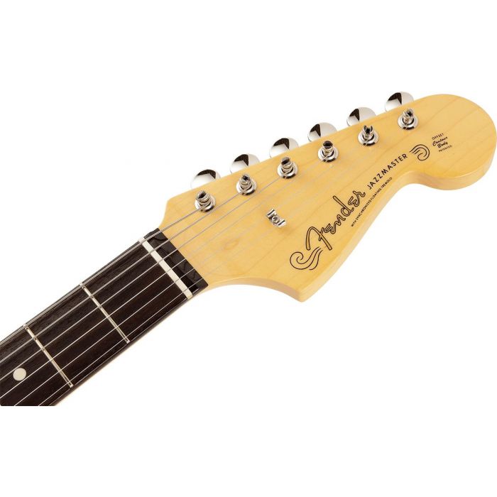 Front view of the headstock on a Fender Made in Japan Inoran Signature Jazzmaster RW, Black