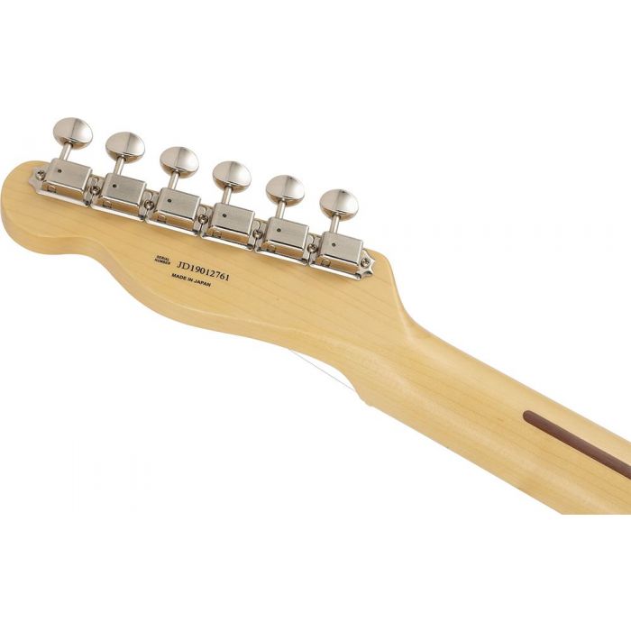Closeup of the tuners on a Fender MIJ Limited Collection Telecaster, Vintage Natural