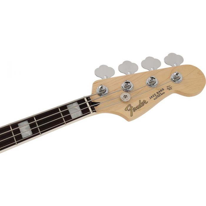Closeup of the headstock on a Fender MIJ Limited Collection Jazz Bass, Natural
