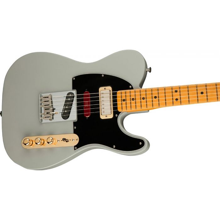 Closeup of the body on a Primer Grey Fender Brent Mason Stories Collection Telecaster