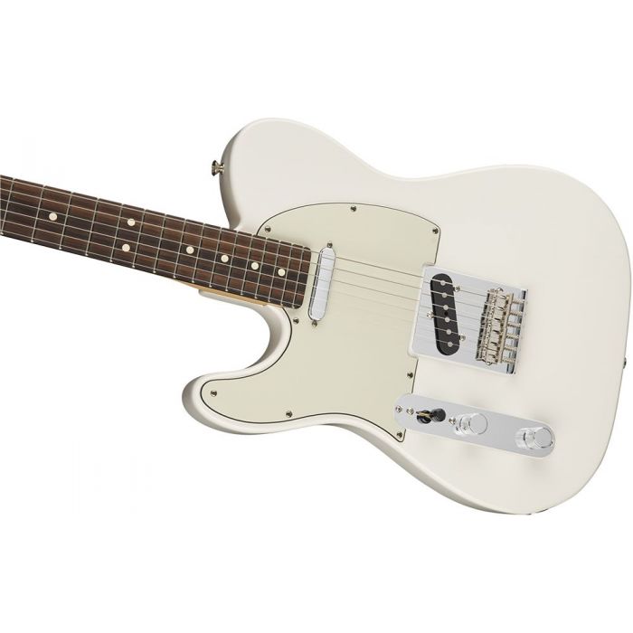 Closeup of the body on a Fender Player Telecaster LH PF Polar White