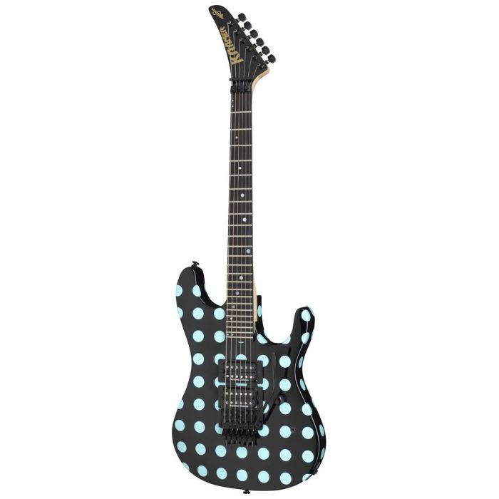 Full frontal view of a Kramer Nightswan Electric Guitar, Black w Blue Dots