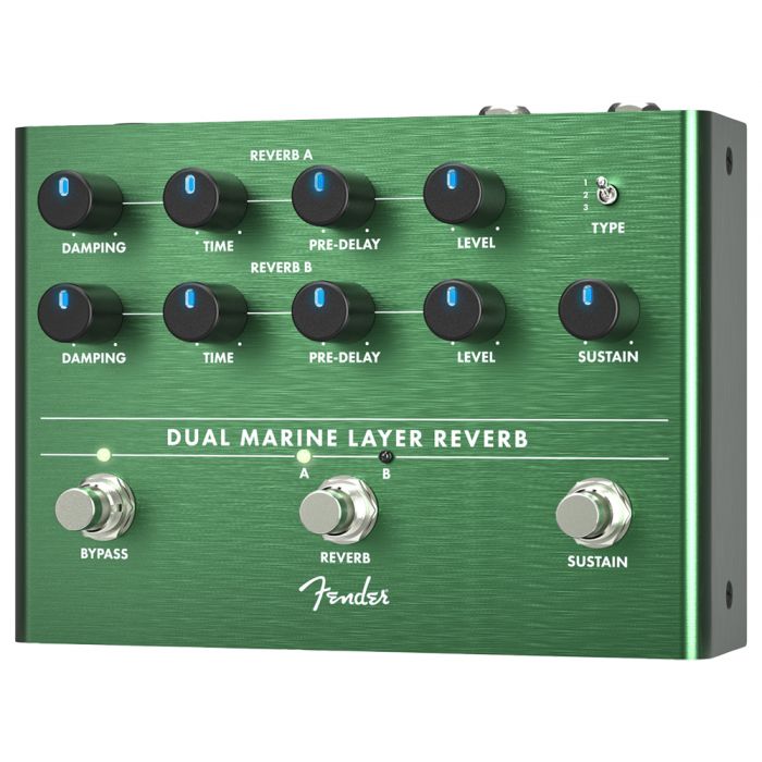Front right-angled view of a Fender Dual Marine Layer Reverb Pedal