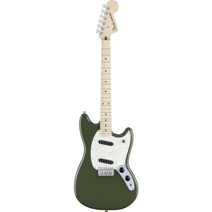 Full frontal view of a Fender Player Series Mustang Electric Guitar, MN, Olive Green
