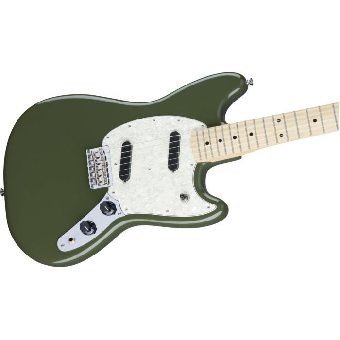 Closeup of the body on a Fender Player Series Mustang Electric Guitar, MN, Olive Green