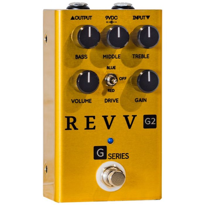 Right-angled view of a Revv Amplification Limited Edition G2 Gold Overdrive Pedal