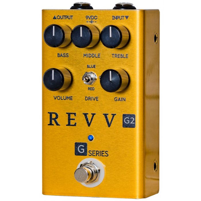 Left-angled view of a Revv Amplification Limited Edition G2 Gold Overdrive Pedal