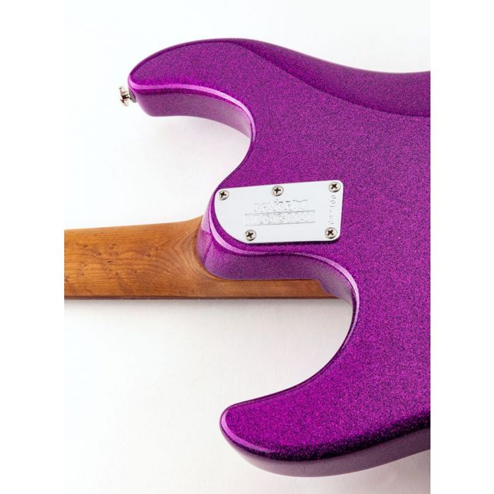 closeup of the neckplate on a Music Man Luke 3 HH Electric Guitar, Fuschia Sparkle