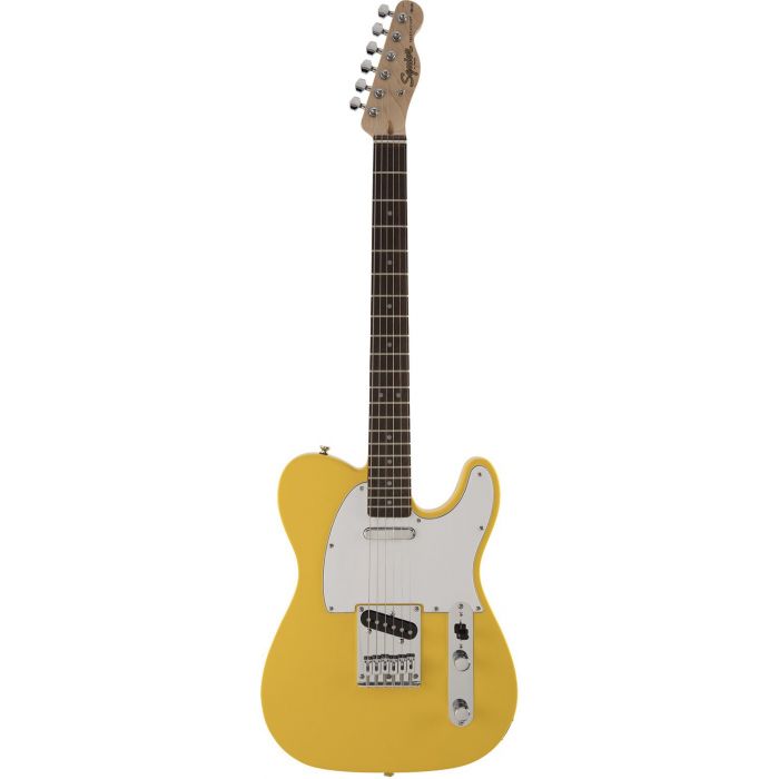 Full frontal view of a Squier FSR Affinity Series Telecaster, Graffiti Yellow