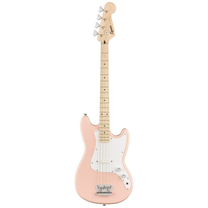 Full frontal view of a Squier FSR Bronco Short-Scale Bass, Shell Pink