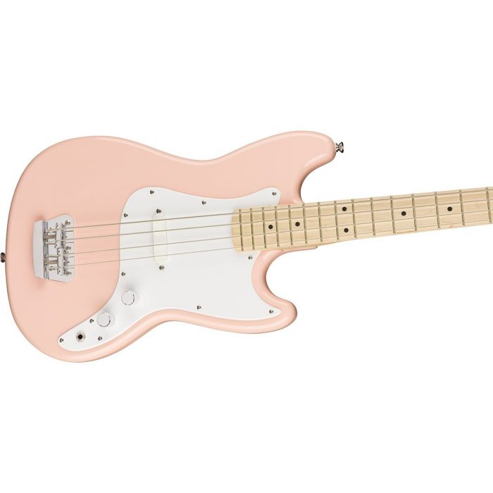 Closeup of the body on a Squier FSR Bronco Short-Scale Bass, Shell Pink