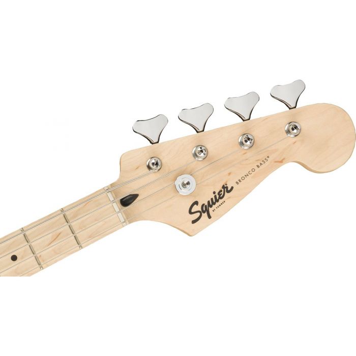 Front view of the headstock on a Squier FSR Bronco Short-Scale Bass, Shell Pink