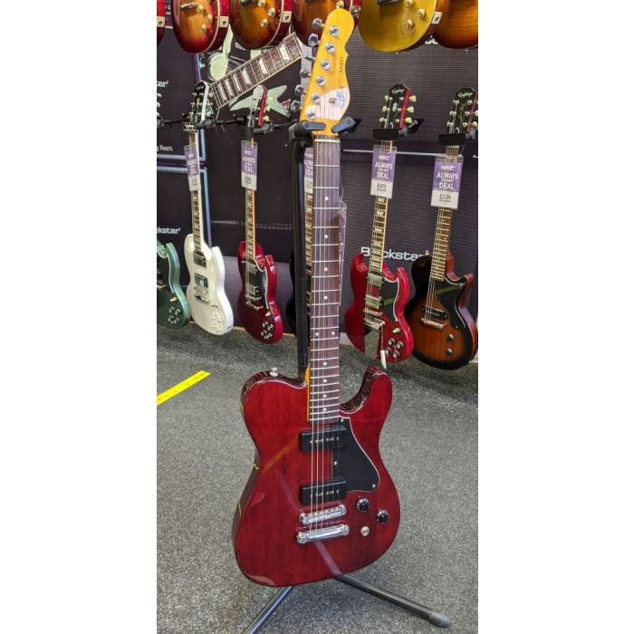 Full frontal view of a B Stock G&L Tribute ASAT Junior II Guitar, Trans Red