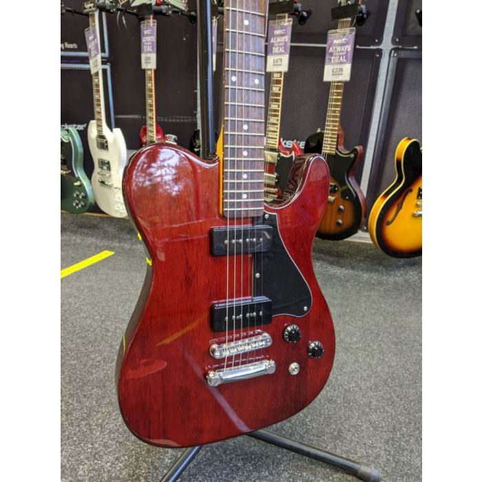 Closeup of the body on a B Stock G&L Tribute ASAT Junior II Guitar, Trans Red