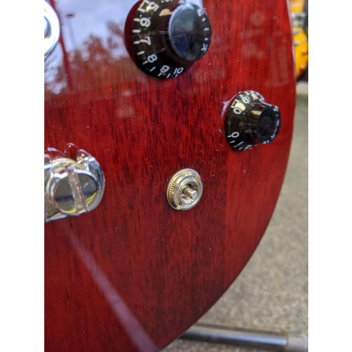 Detailed view of the pickup switch on a B Stock G&L Tribute ASAT Junior II Guitar, Trans Red