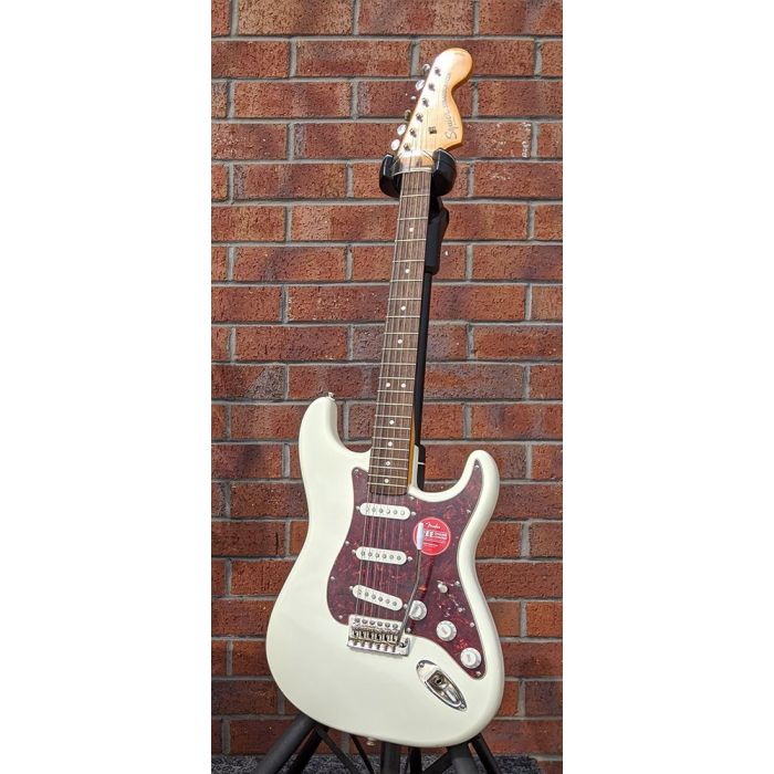 Full frontal view of a B Stock Squier Classic Vibe 70s Stratocaster in Olympic White