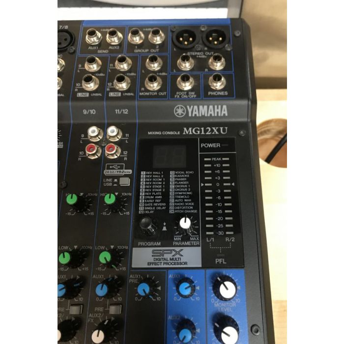 Closeup of the controls on a B Stock Yamaha MG12XU Mixing Desk