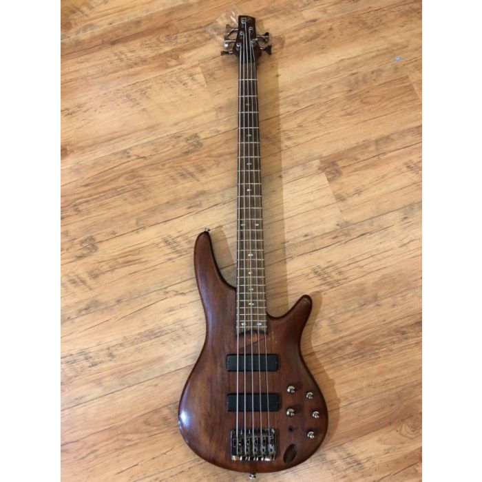 Full frontal view of a Pre Loved Ibanez SR505 5 String Bass in Brown Mahogany