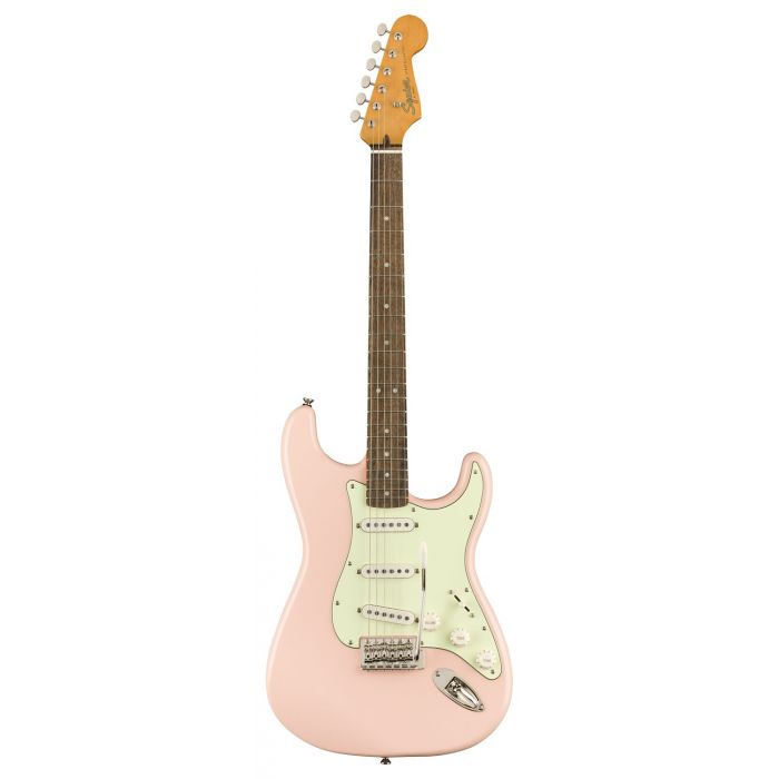 Full frontal view of a Squier FSR Classic Vibe 60s Stratocaster Laurel Shell Pink