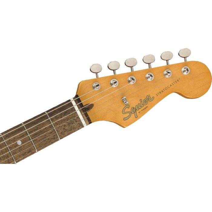 Front view of the headstock on a Squier FSR Classic Vibe 60s Stratocaster Laurel Shell Pink