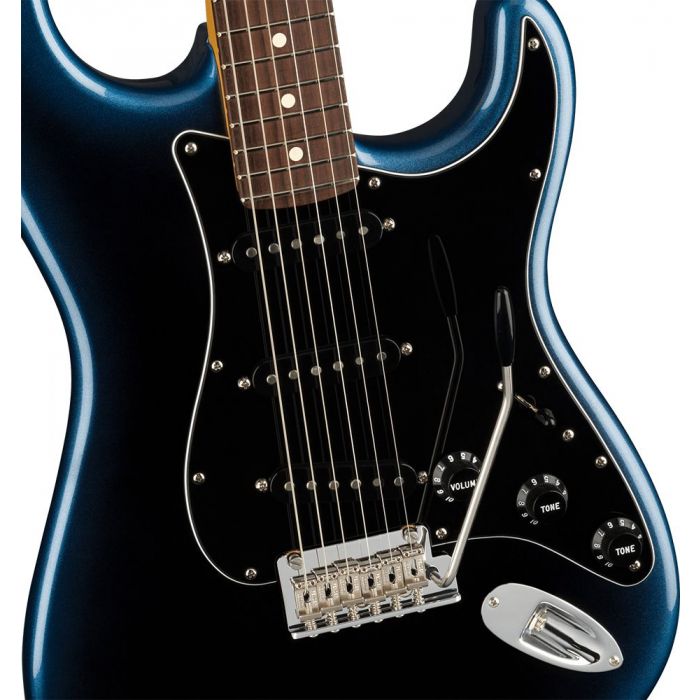 Closeup of the body on a Fender American Professional II Stratocaster RW, Dark Night